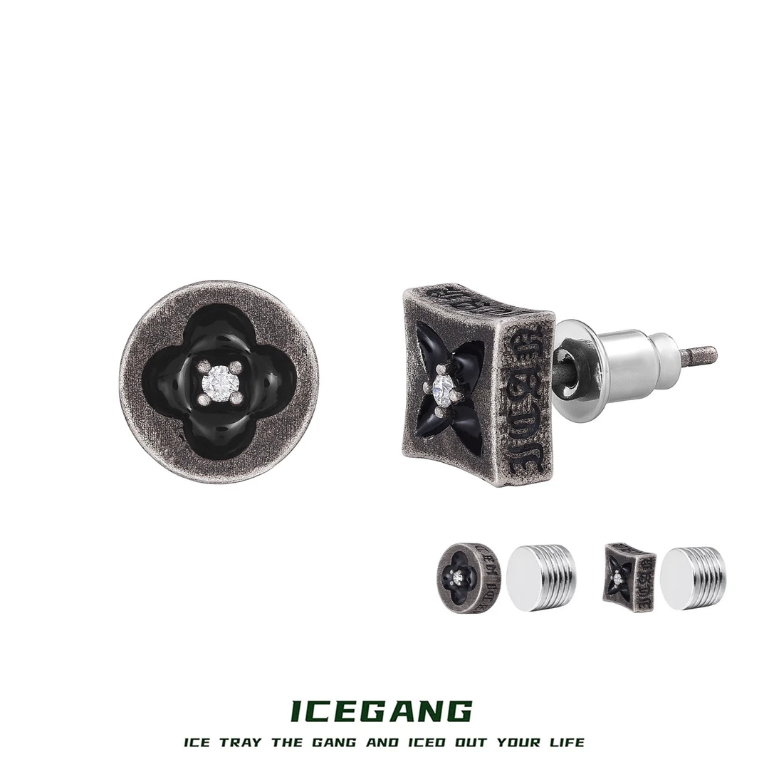 ICEGANG 925银莫桑石耳饰 珐琅刻雕四叶花耳钉S925通体纯银莫桑石