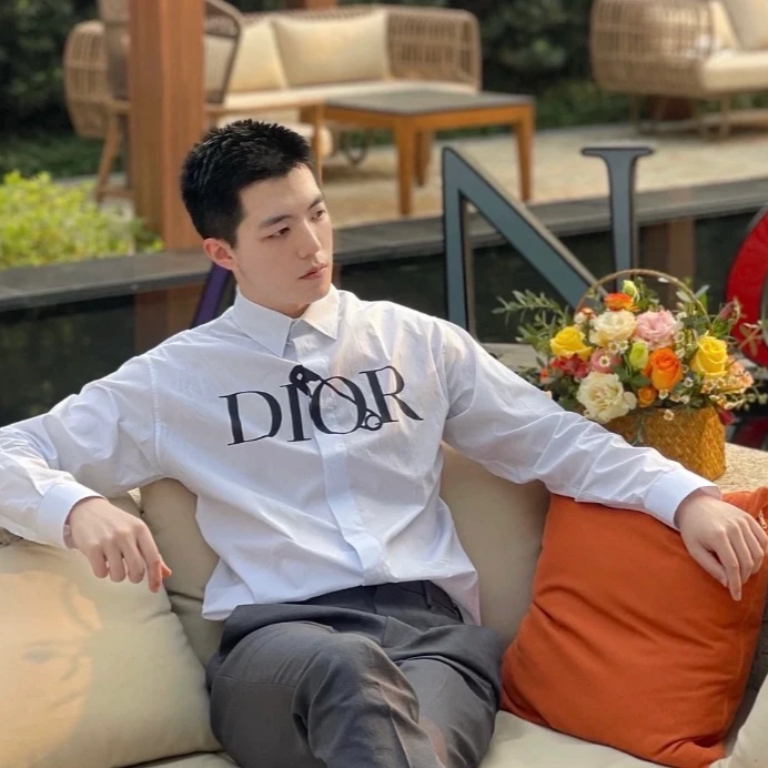 99新 DIOR/迪奥 FM0569 白色logo字母印花棉质长袖衬衫 42 ML码