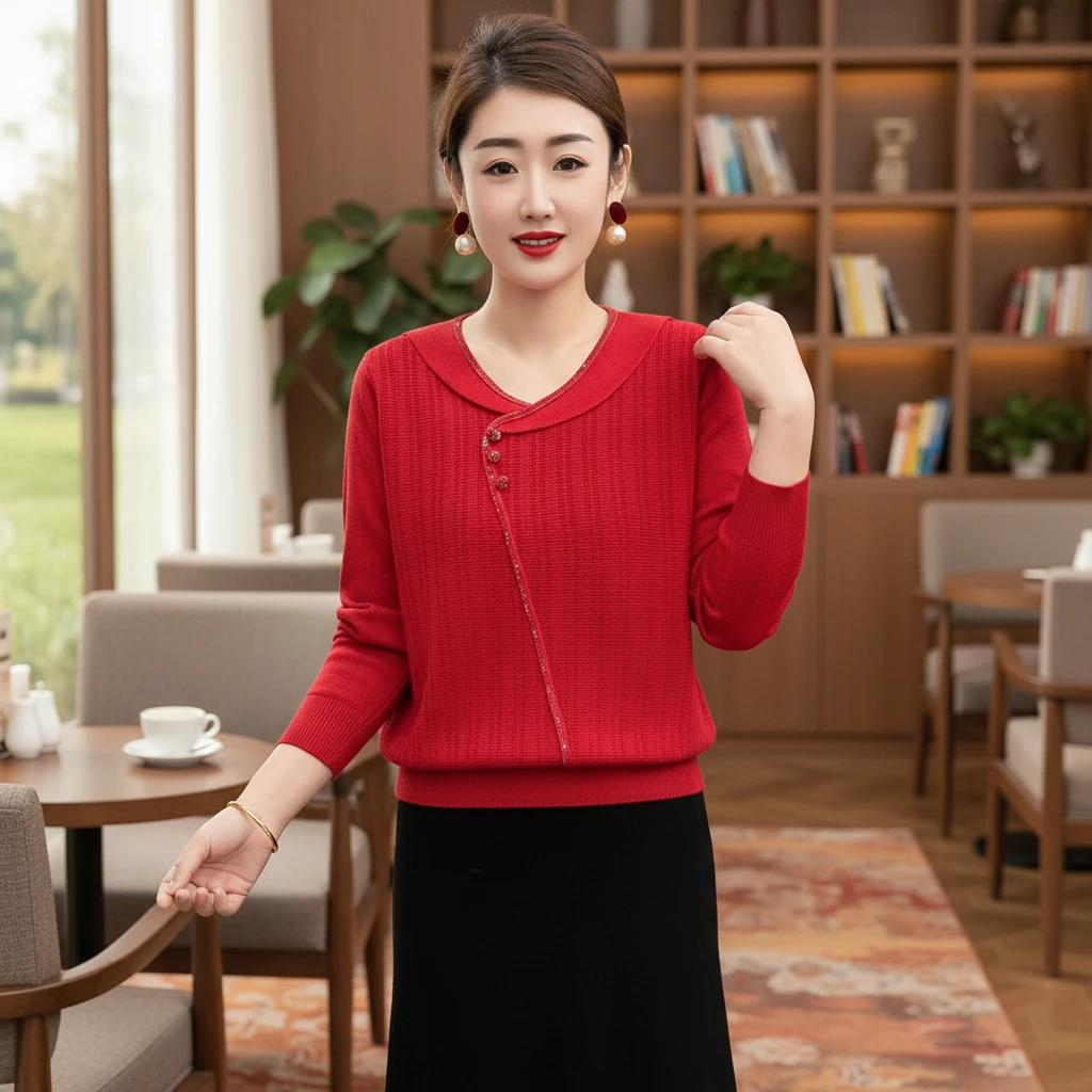 女荷叶2026斜边春季洋气年毛衣三扣领冰丝长袖新款针织衫上衣打底