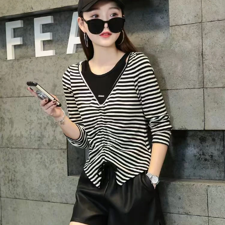 【9812款】条纹假两件打底衫T恤女--衣长约56