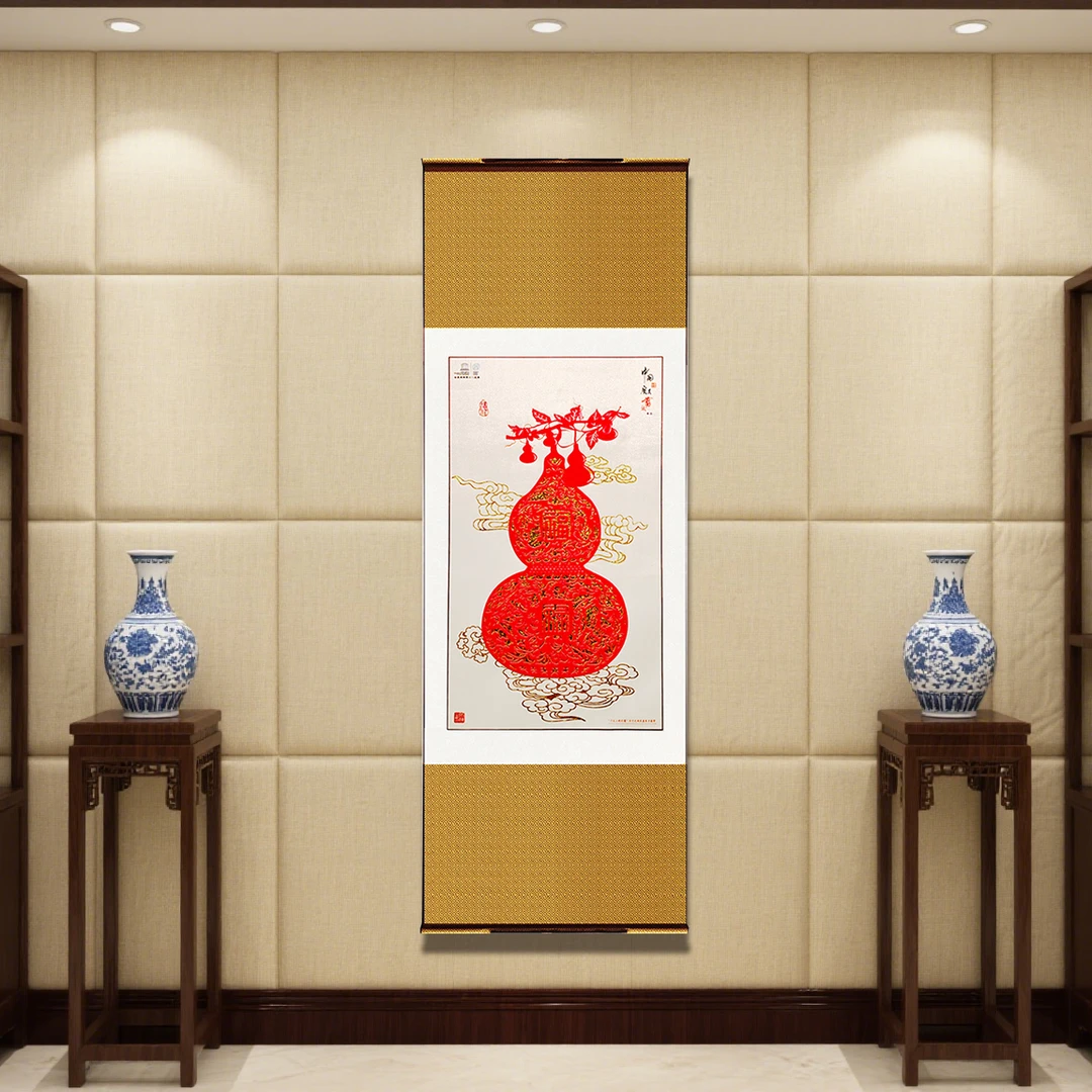 高150宽50立式手工剪纸装饰画轴福禄双全+圆角实木大摆台2个