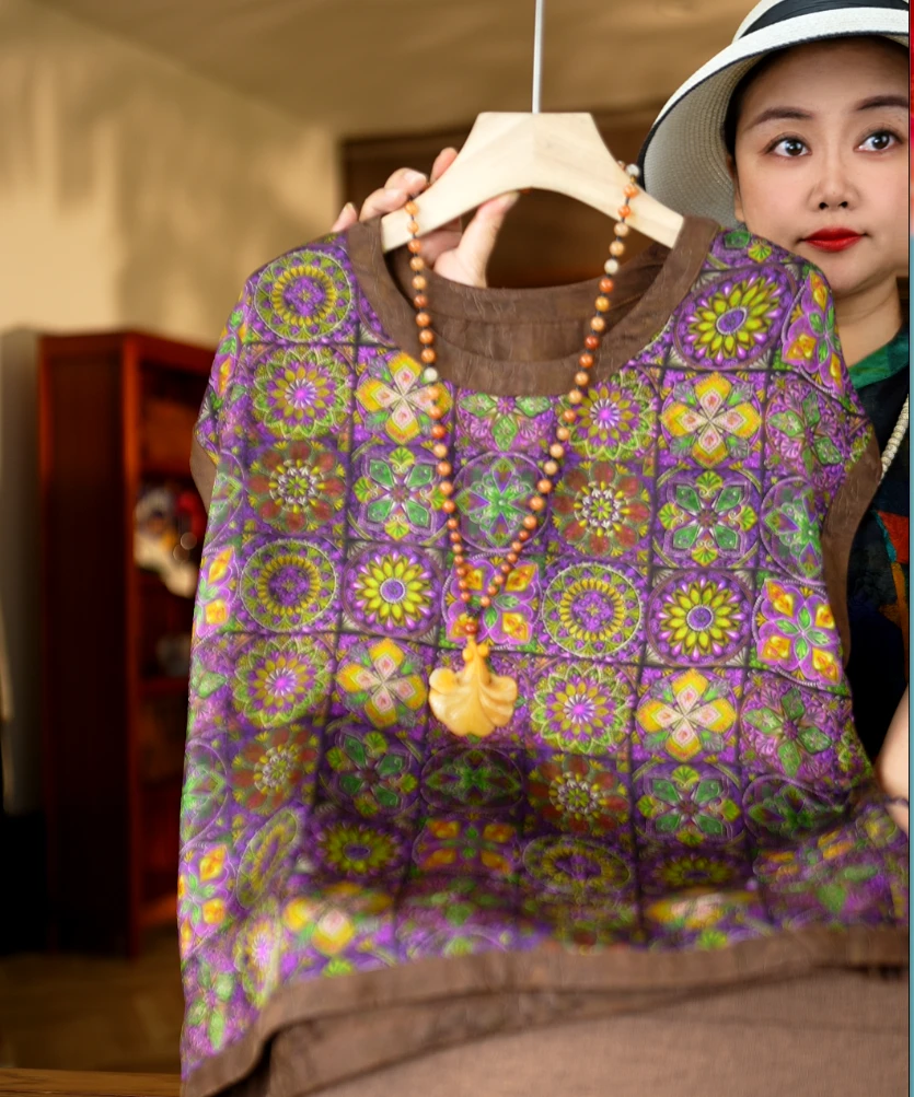 云纱紫韵<<非遗美学>>1297香云纱新中式国风印花紫花上衣