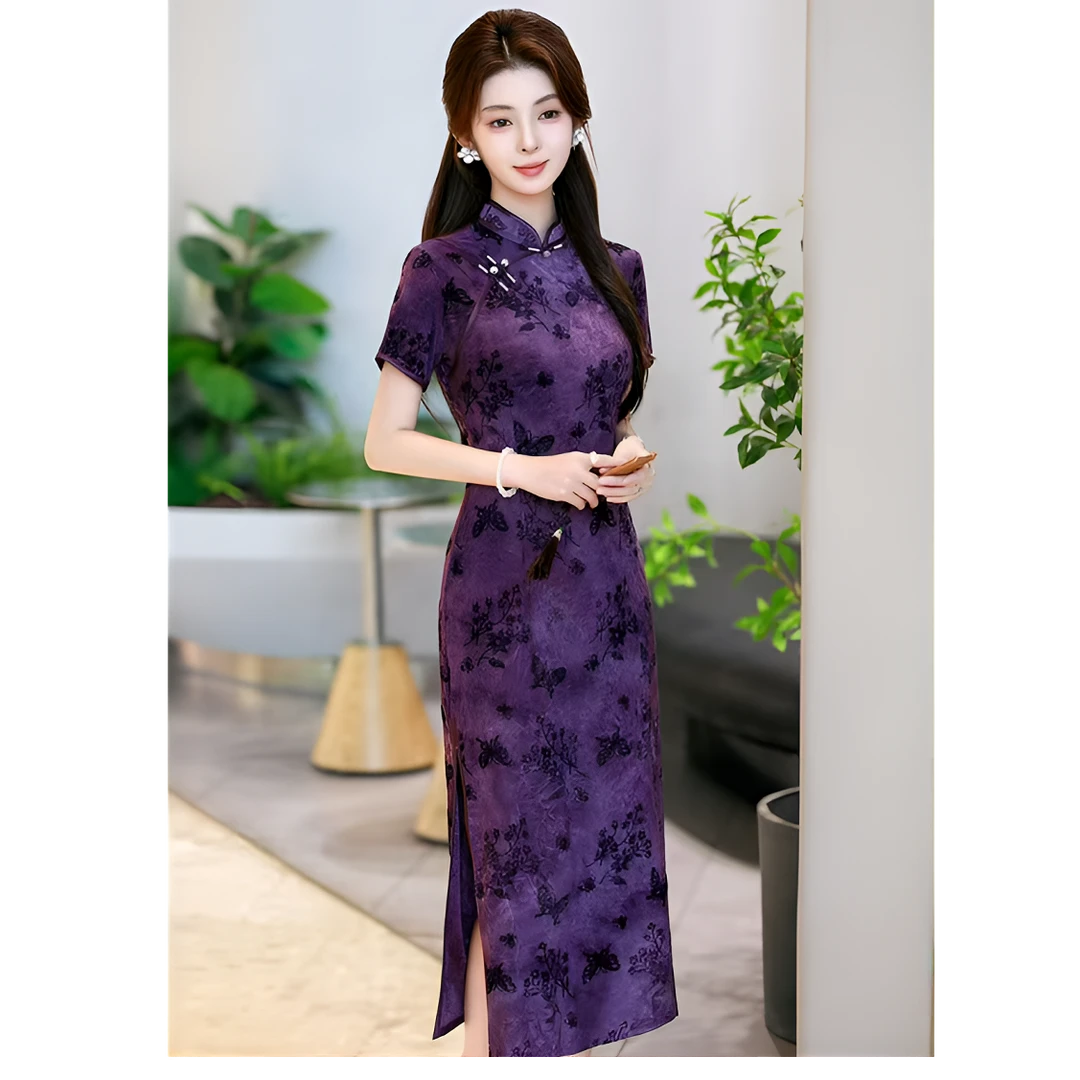 夏季扎染提花冰丝长旗袍中国风气质时尚修身显瘦