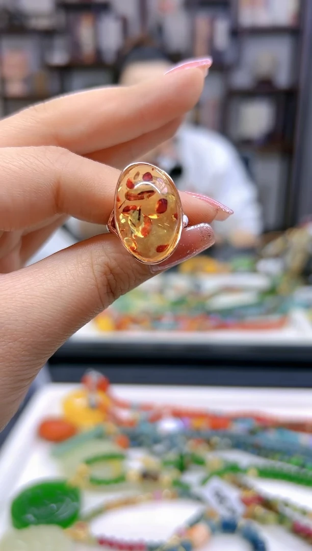 【闪购商品】琥珀（花珀）戒指银S925镀金镶嵌J93