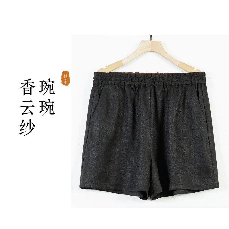 琬琬严选{烟墨}桑蚕丝手工花萝香云纱百搭短裤250540K