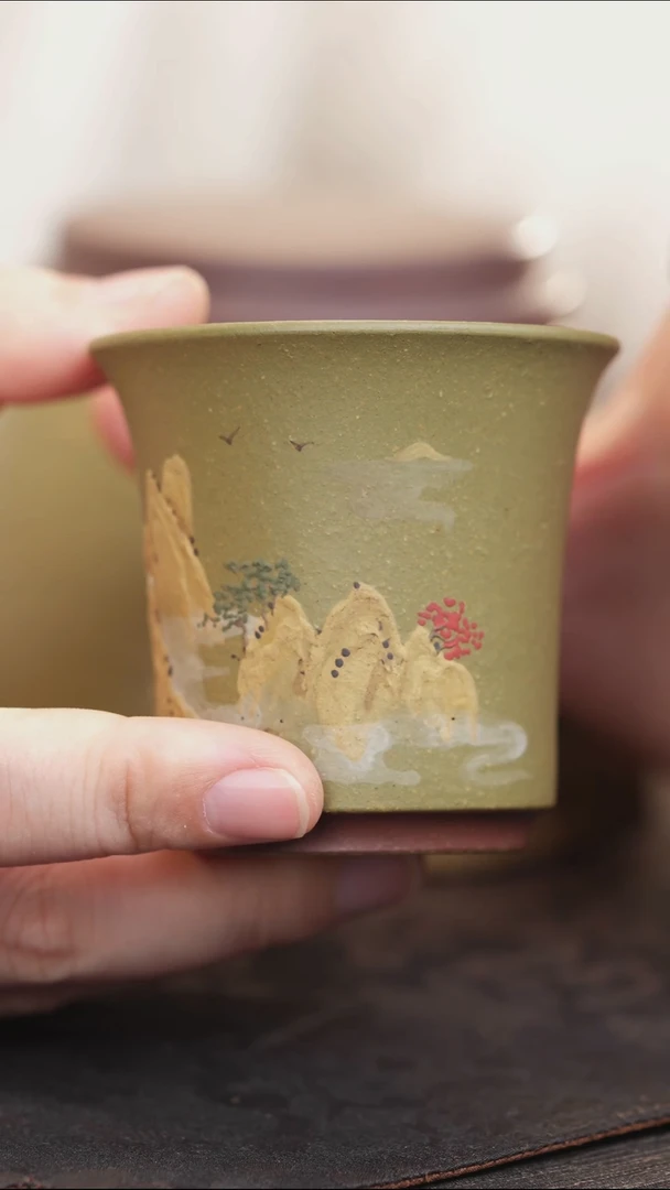 紫砂茶叶罐豆青泥泥绘山水主人杯