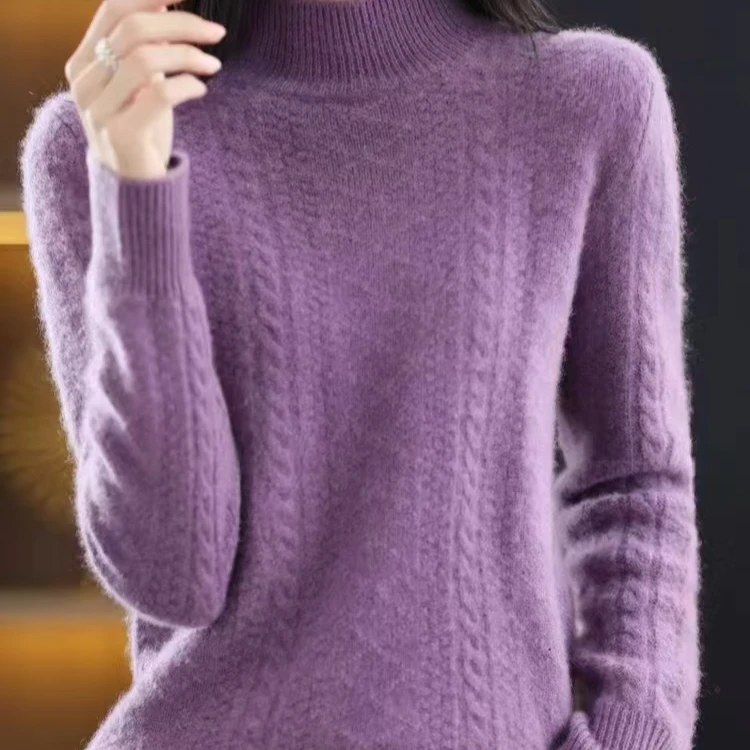 7018-100%纯羊毛女7针加厚绞花半高领长袖打底衫百搭针织上衣