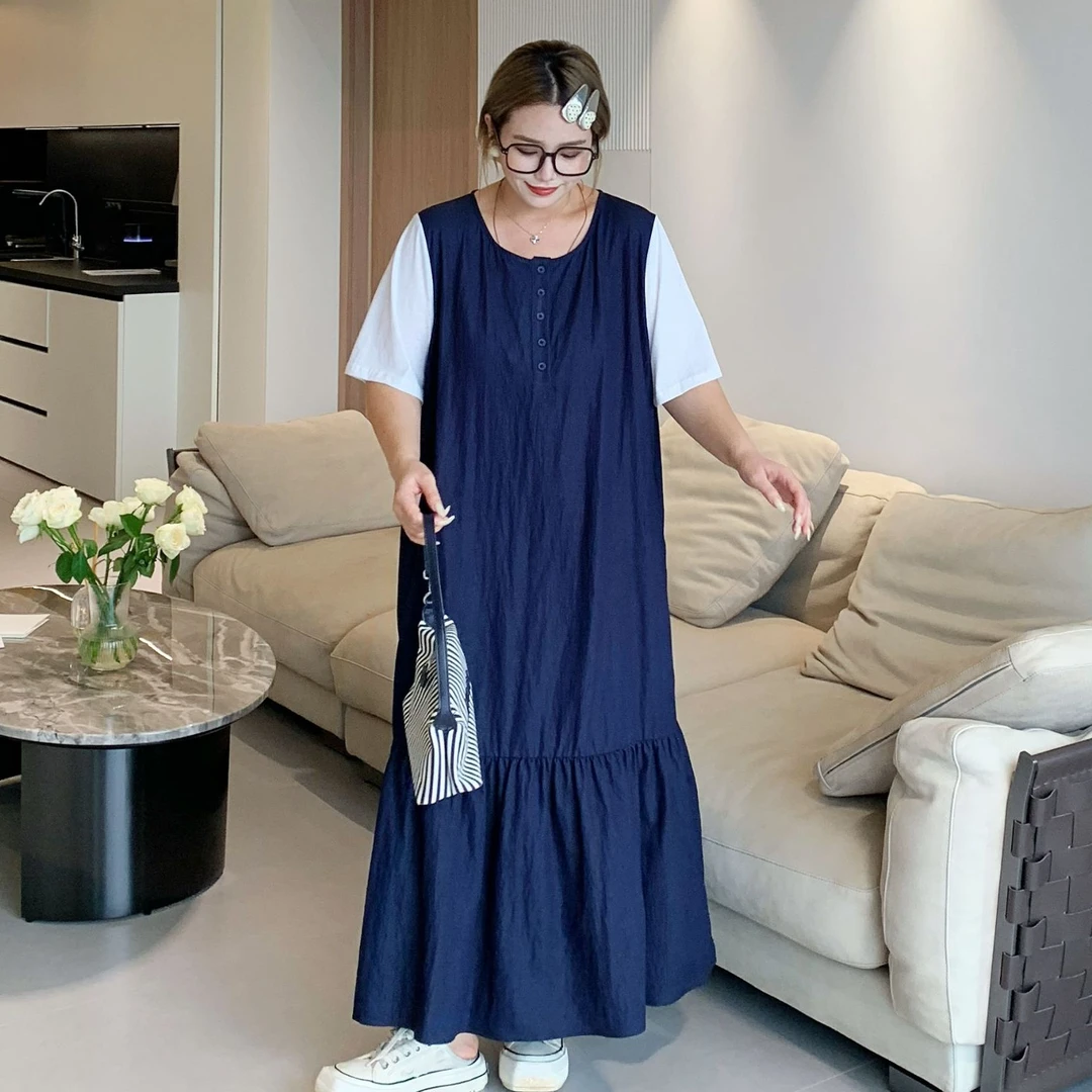 媛子大码撞色冰感连衣裙夏季新款高级感通勤时尚简约风气质长裙
