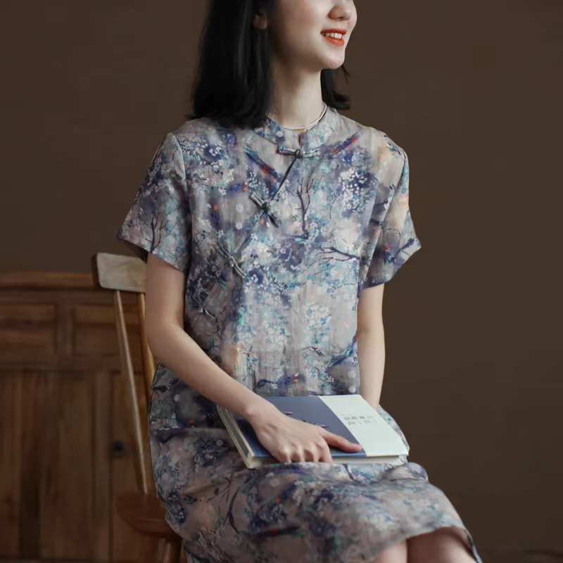 森系棉麻改良旗袍裙女2025夏季新款宽松显瘦文艺复古立领新中式裙