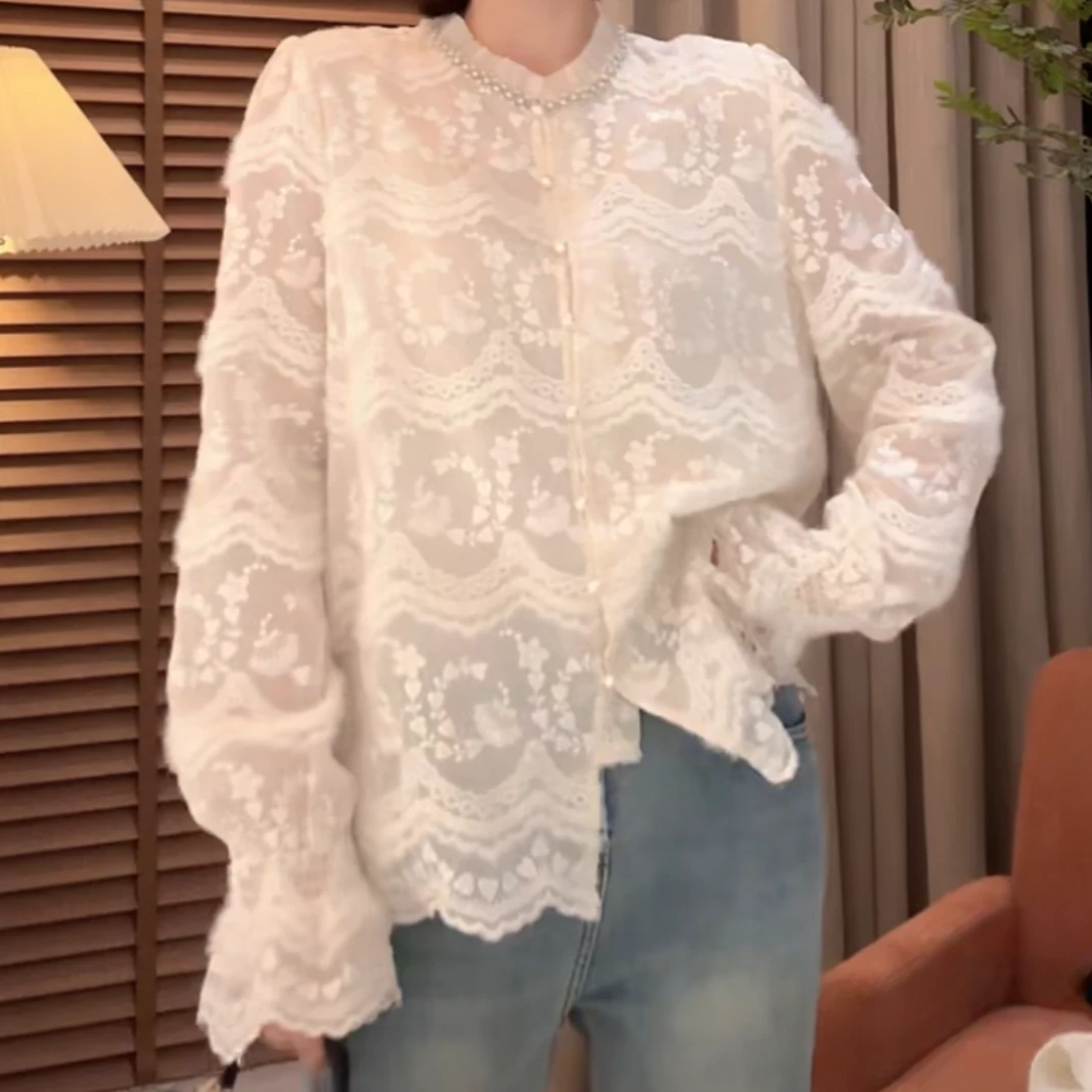 刺绣蕾丝钉珠衬衫2025早春新款小立领单排扣开衫天丝混纺衬衣