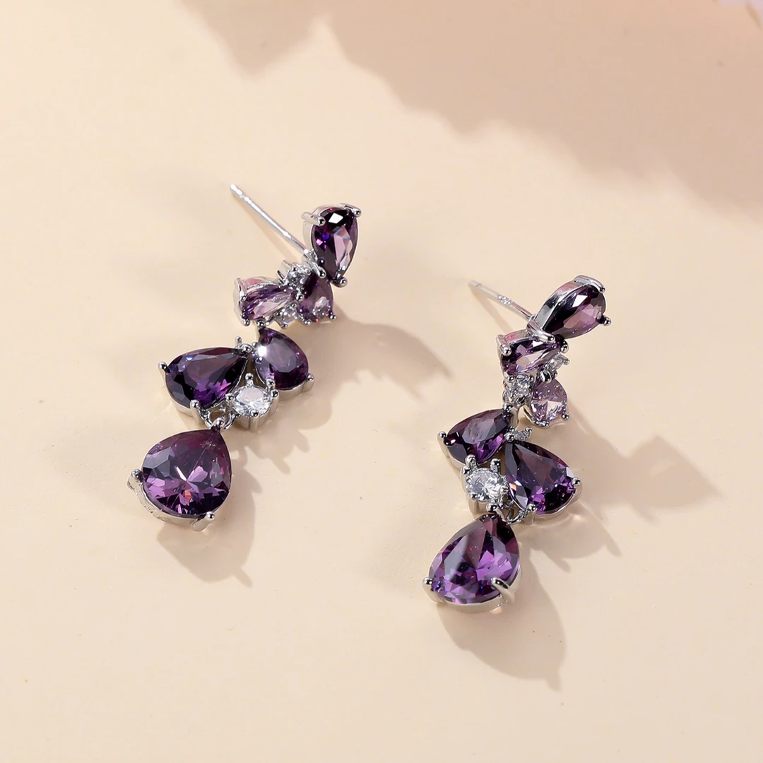 铜合金合成锆石耳饰 原创设计师款紫色花卉树叶吊坠耳环31号