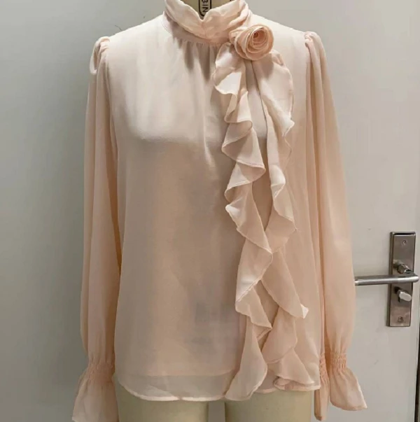 【清仓】粉色雪纺木耳边玫瑰花衬衫