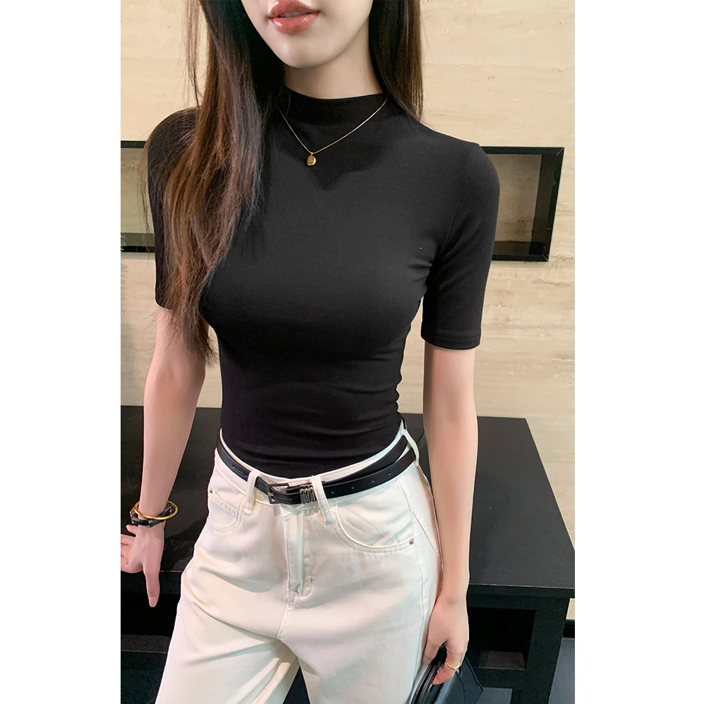 半高领黑色短袖t恤女2025秋季中袖打底衫女修身半袖百搭上衣显瘦