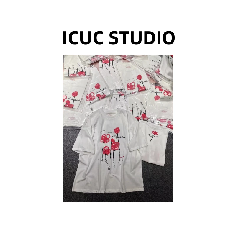 ICUC STUDIO-【韩国手绘花朵短袖T恤】夏季新款宽松百搭上衣5962