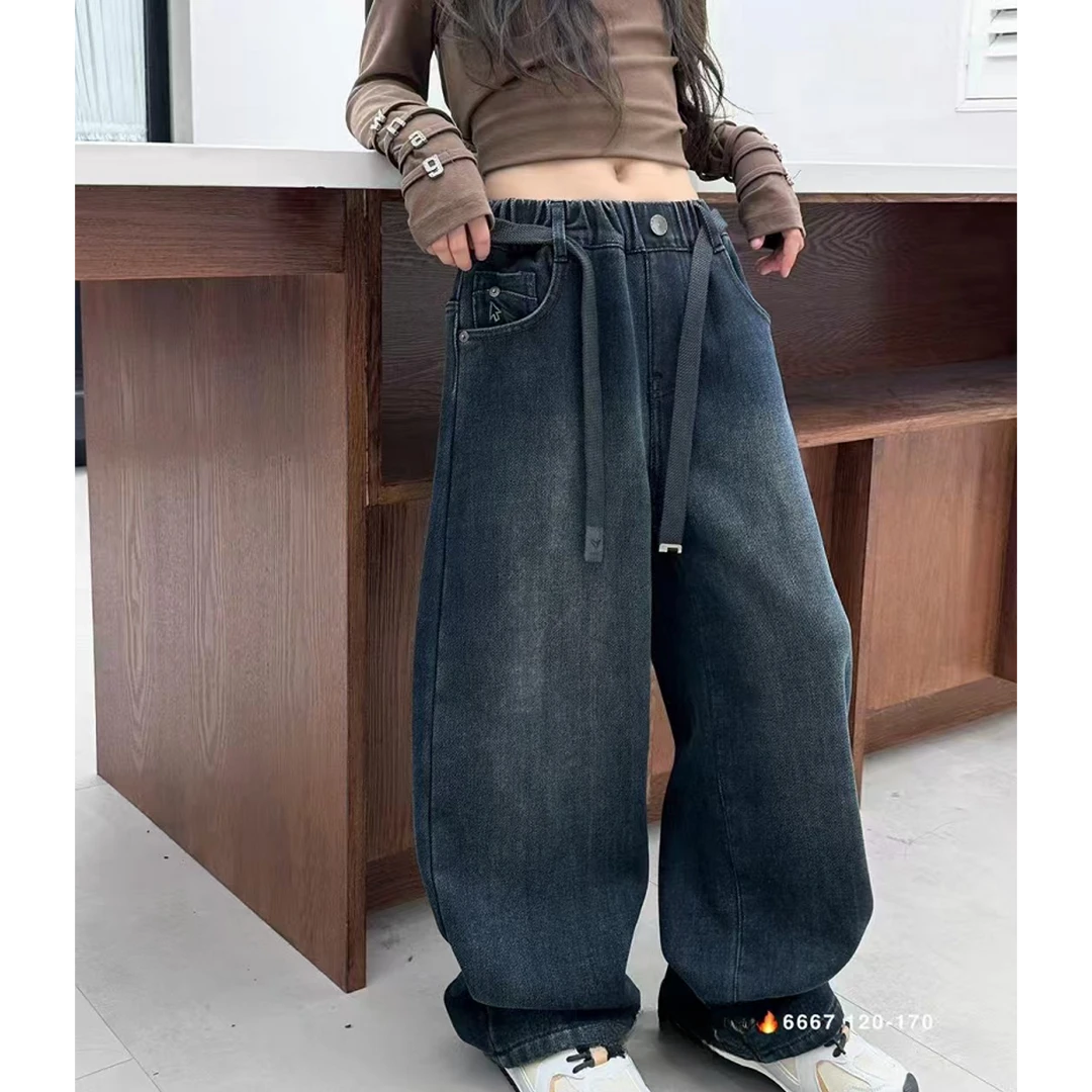 中大童童装潮童冬季新款加绒休闲阔腿裤一体绒牛仔裤裤子6667百搭