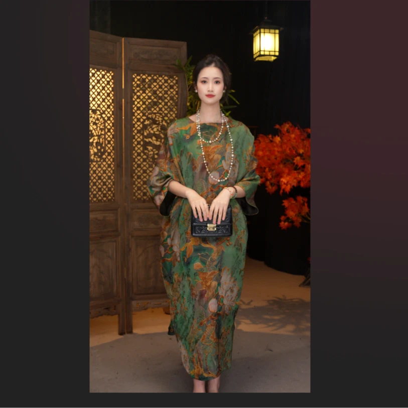 【金枝玉叶】2026新款夏季宽松版阔太太香云纱连衣裙长款女款裙子B