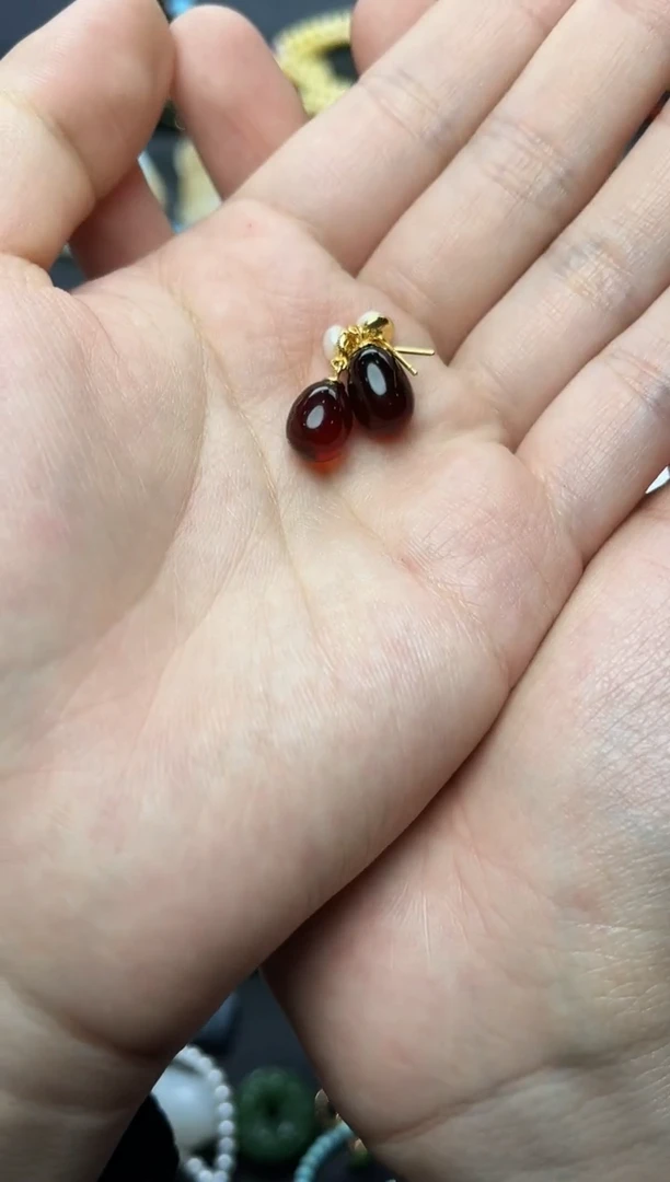 琥珀银S925镶嵌耳饰孙**然水滴耳钩06