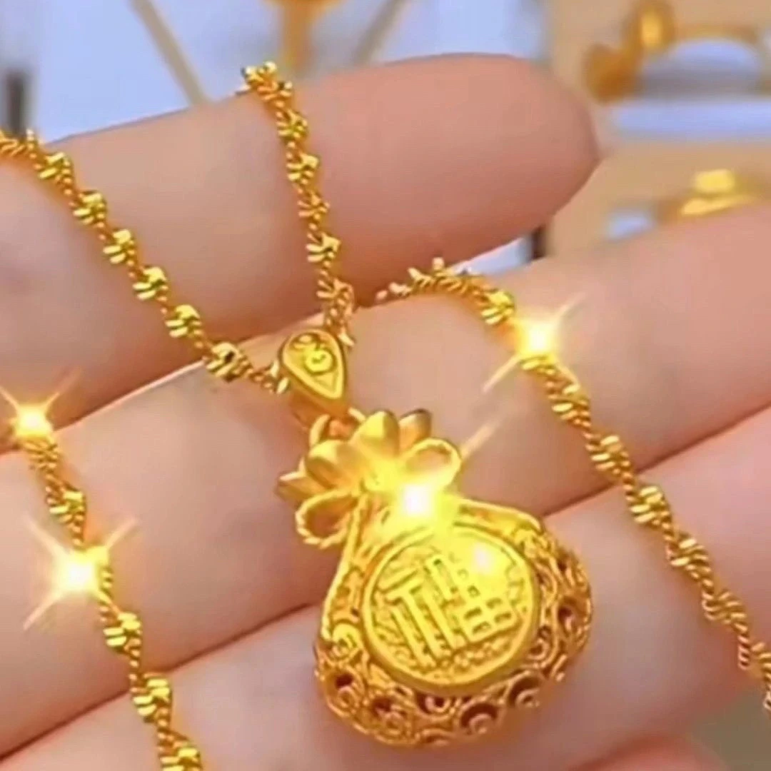 合金项链 金店同款 高级黄金色花丝镂空福袋吊坠镀18K金项坠送礼