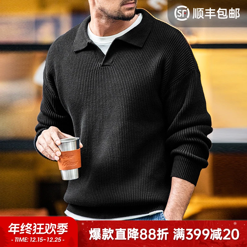【马登】美式复古翻领polo衫宽松慵懒套头坑条针织衫毛衣男春夏