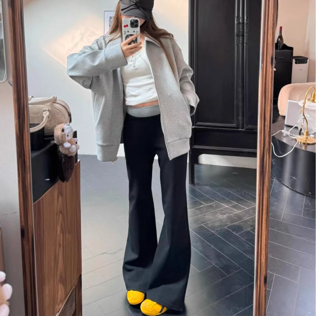 春秋常规中腰高腰喇叭裤开叉长裤