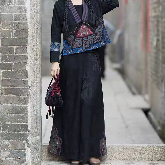 春秋民族风女装宽松复古长款国风黑色阔腿裤垂感显瘦印花休闲裤女