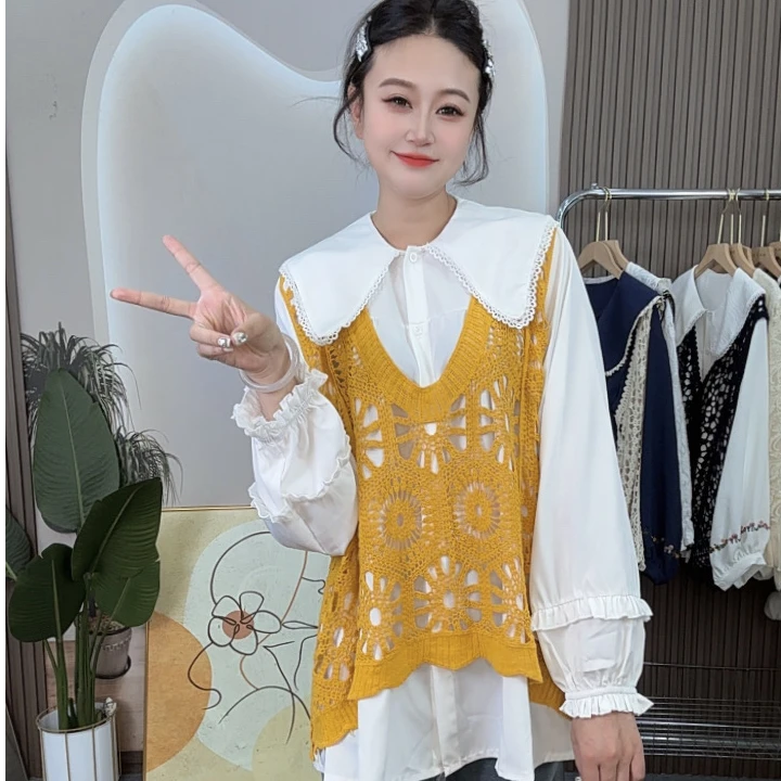 【柚柚】秋季减龄针织马甲娃娃领藏肉时尚百搭大码两件套