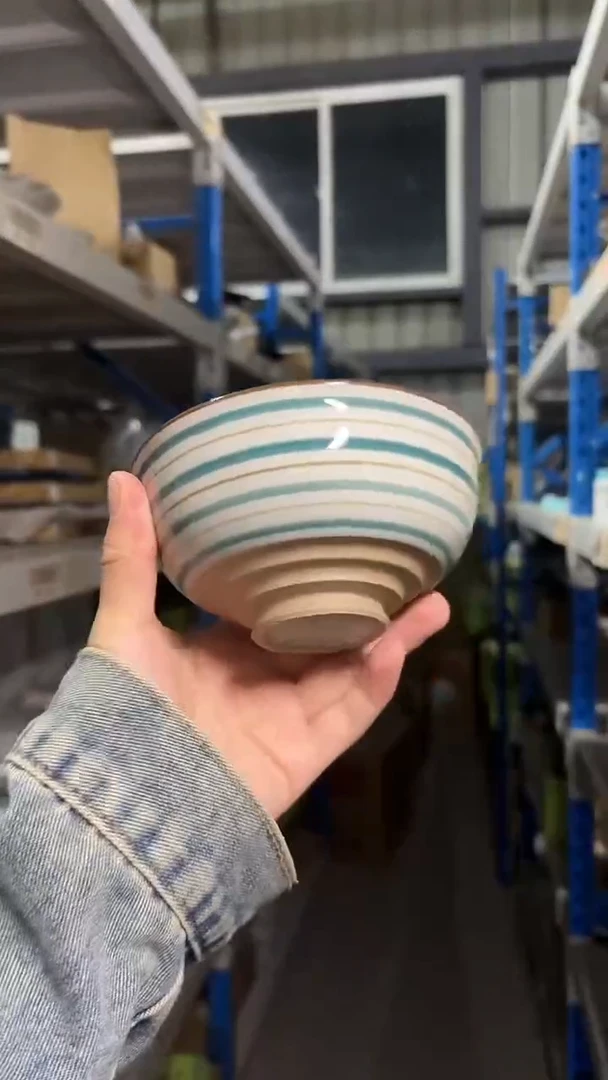 陶瓷二色ライン（土物）； 入れ子茶碗（中）緑