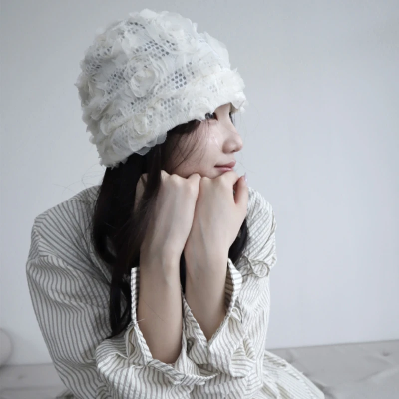 小众复古立体玫瑰花套头帽子女y2k显脸小白色蕾丝镂空透气包头帽