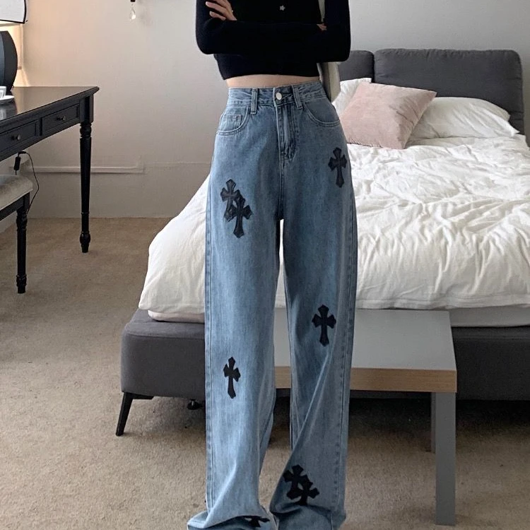 美式复古重工十字架牛仔裤女新款高腰直筒拖地长裤子vibe高街