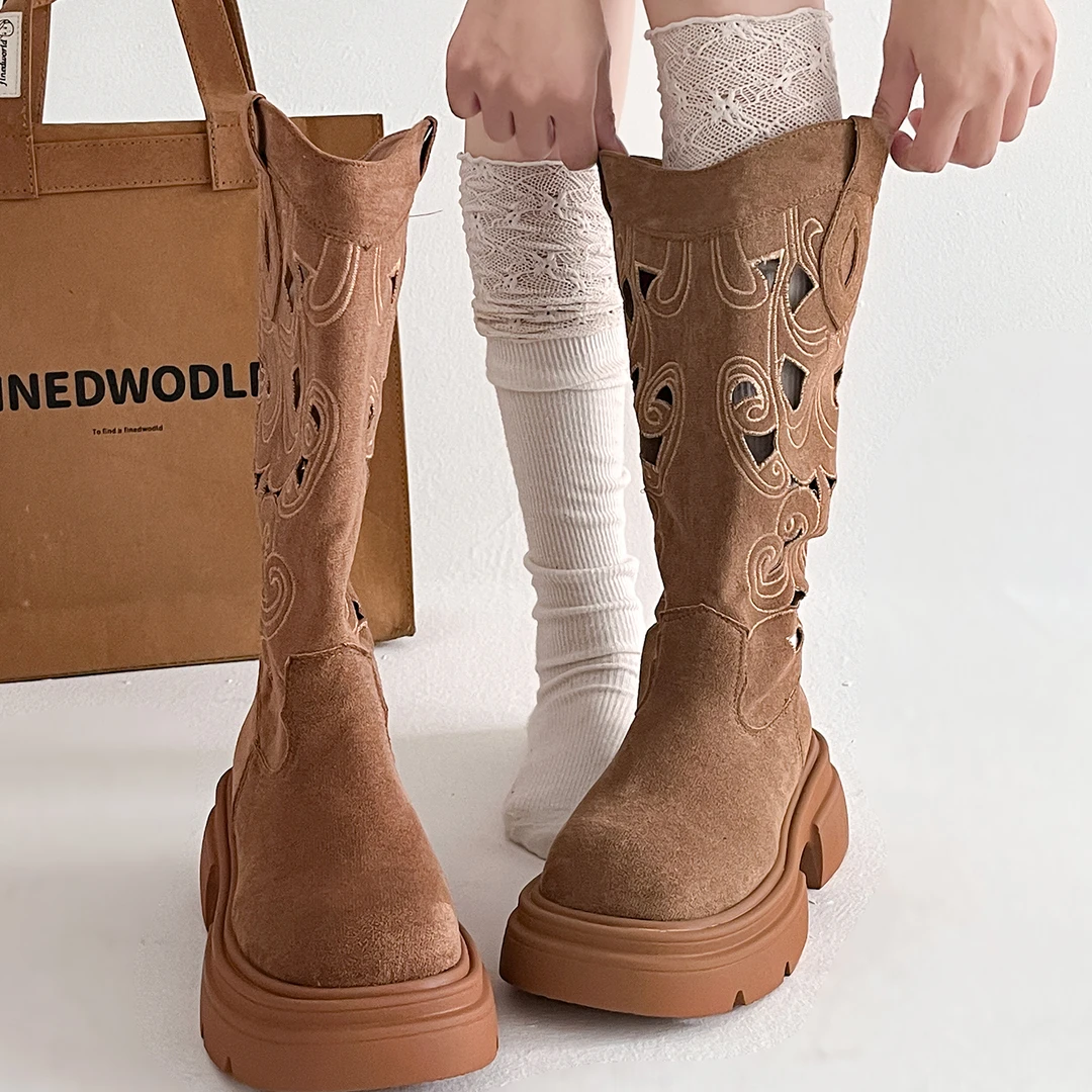 CBMT时尚女靴马丁靴高筒靴骑士长筒时装靴圆头民族风镂空厚底