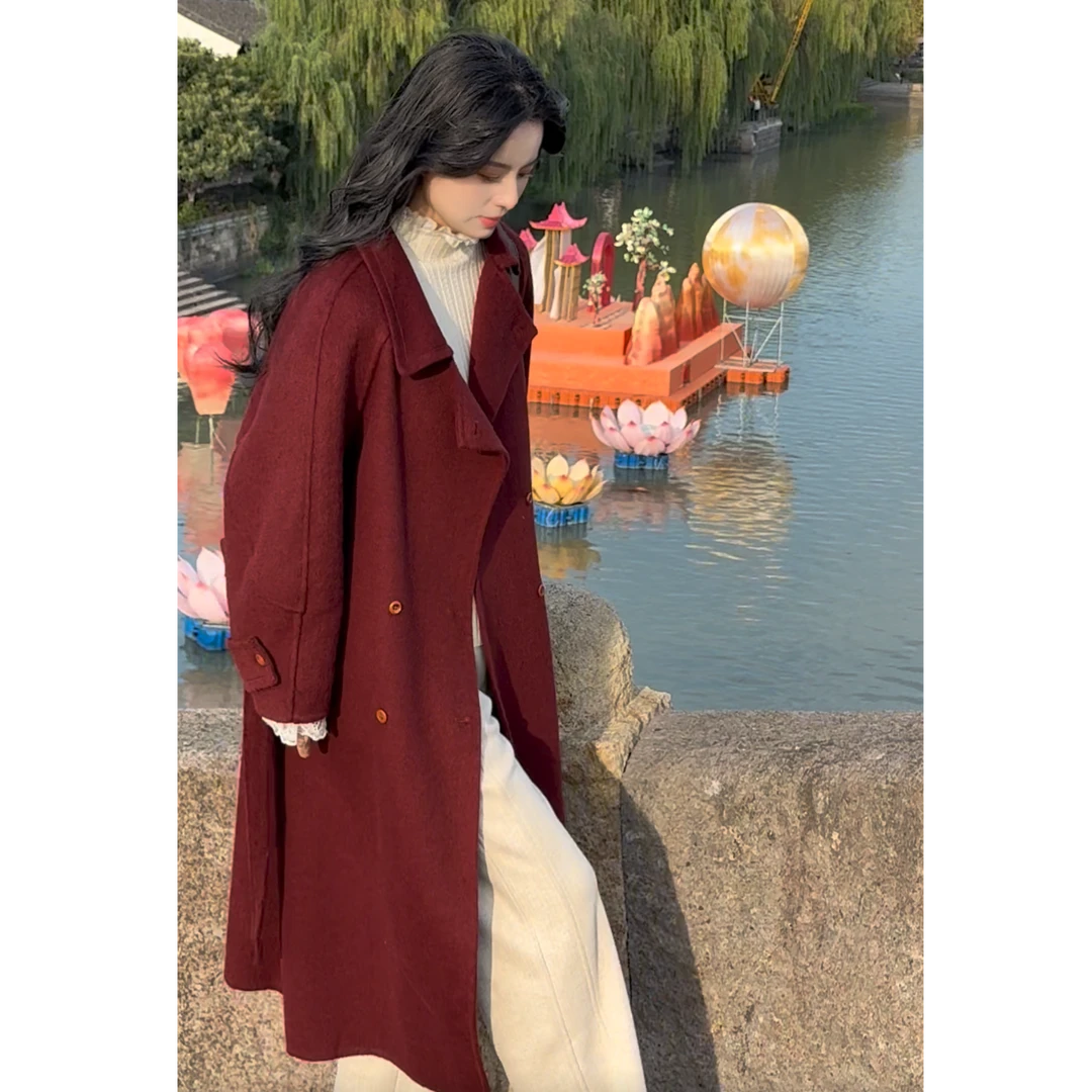 2025新款高级感欧货绑带收腰长款设计感风衣款百搭双面羊毛大衣女