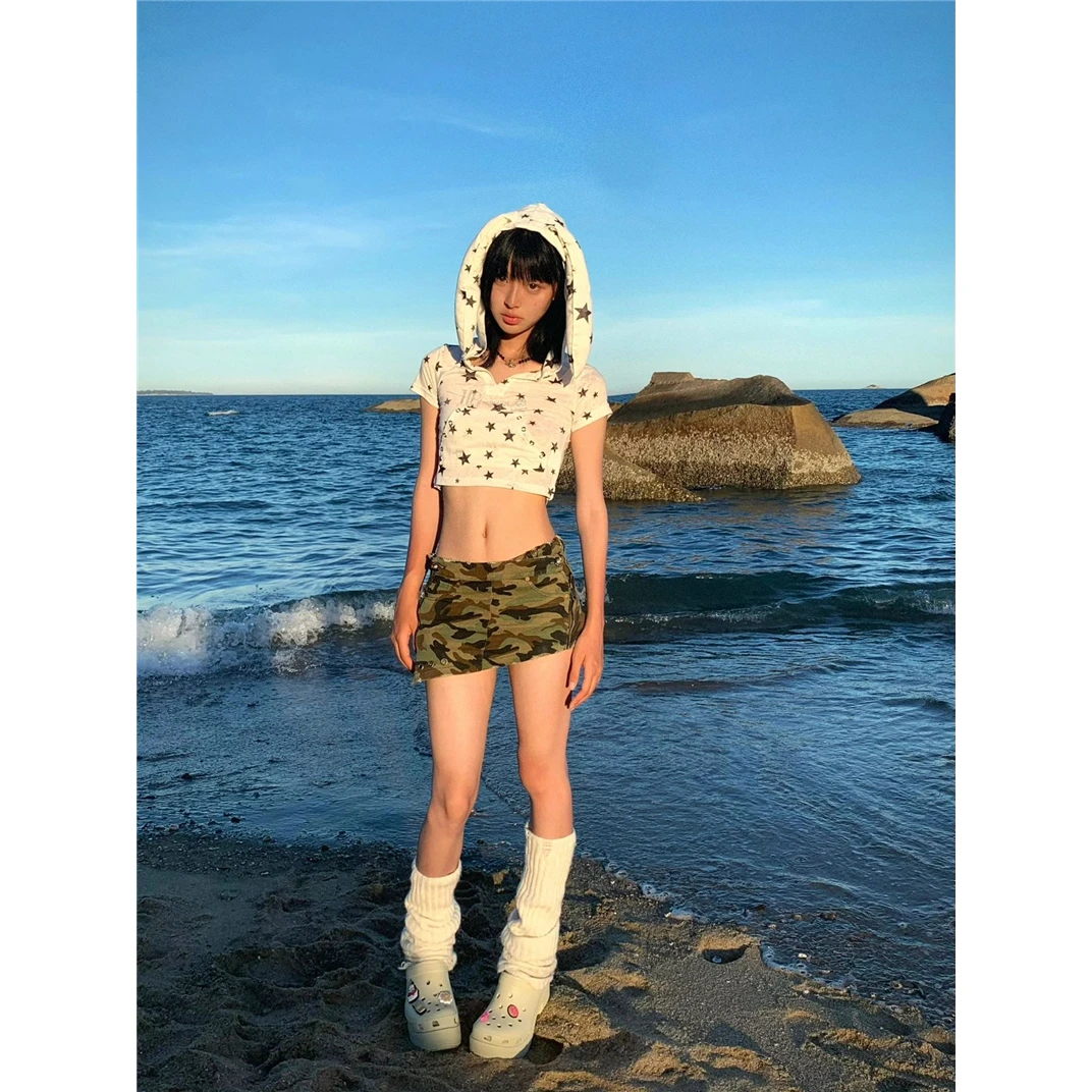 辣妹夏季减龄星星印花美拉德恤兔耳朵连帽短袖小众设计感甜酷睡衣