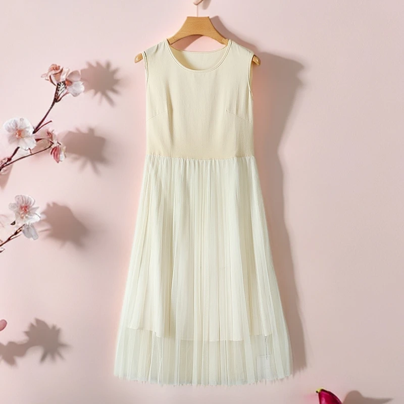 【珈】24秋品牌折扣轻熟圆领拼接网纱纯色背心长款连衣裙子女118