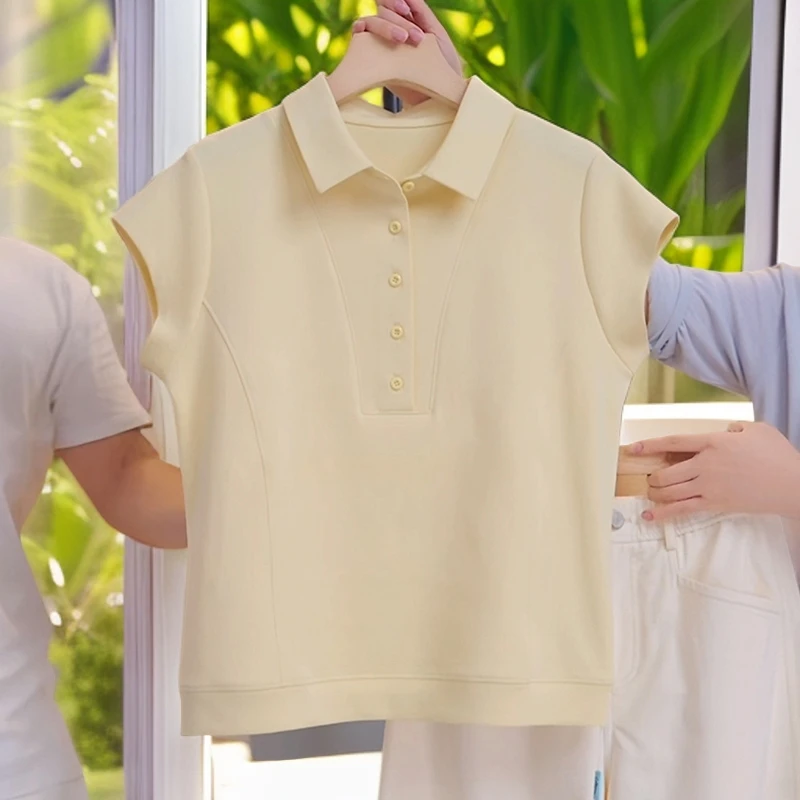 黄色翻领正肩t恤女士2025夏季新款高级感宽松显瘦减龄polo衫上衣