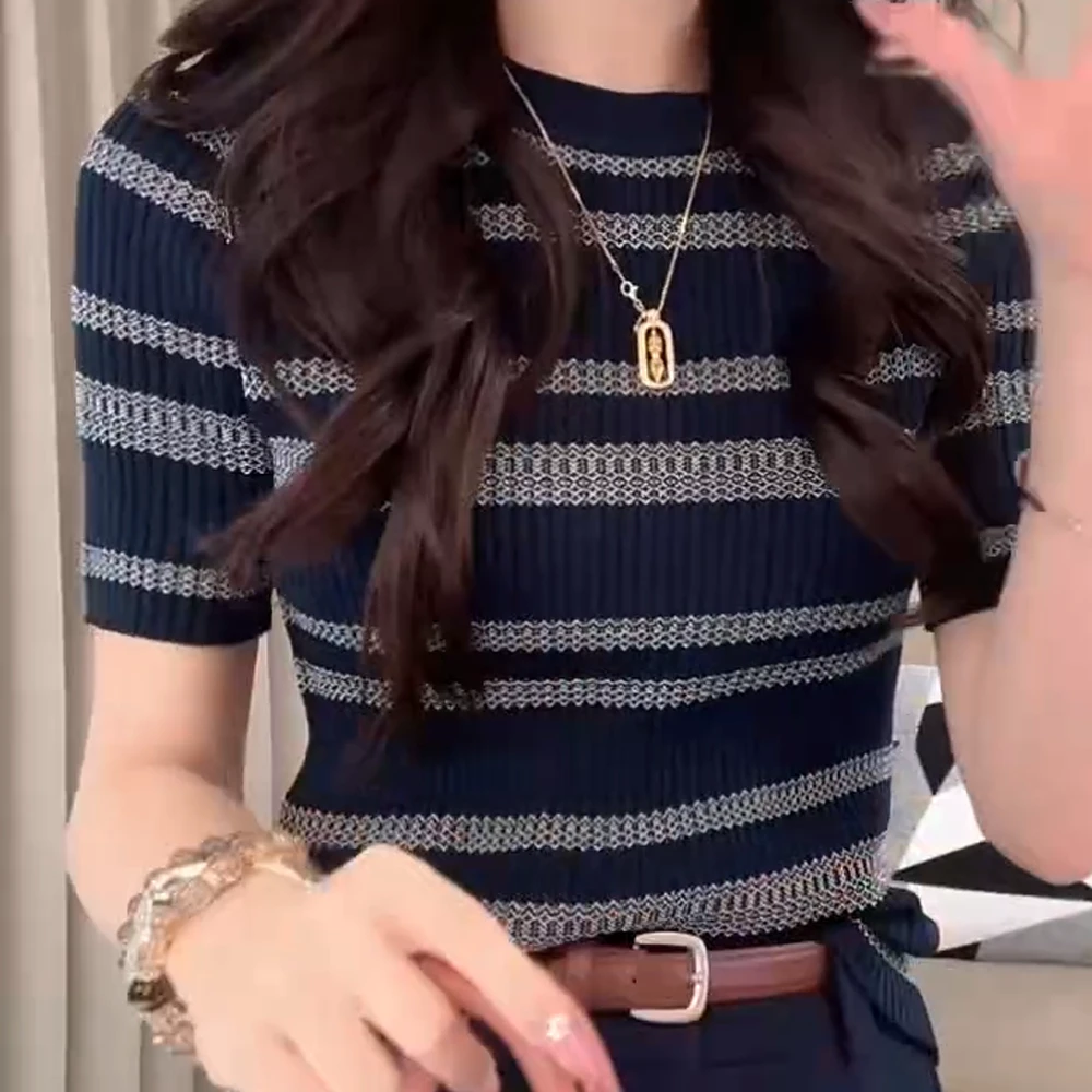 2025新款夏季休闲百搭条纹撞色圆领针织短袖t恤上衣时尚