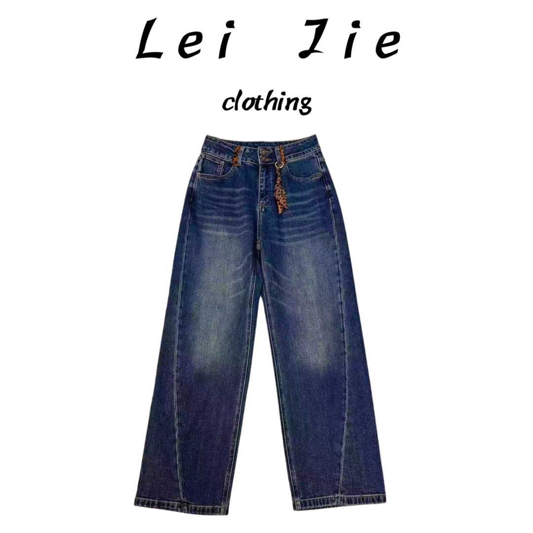 【Lei Jie】欧货豹纹耳扣直筒牛仔裤613