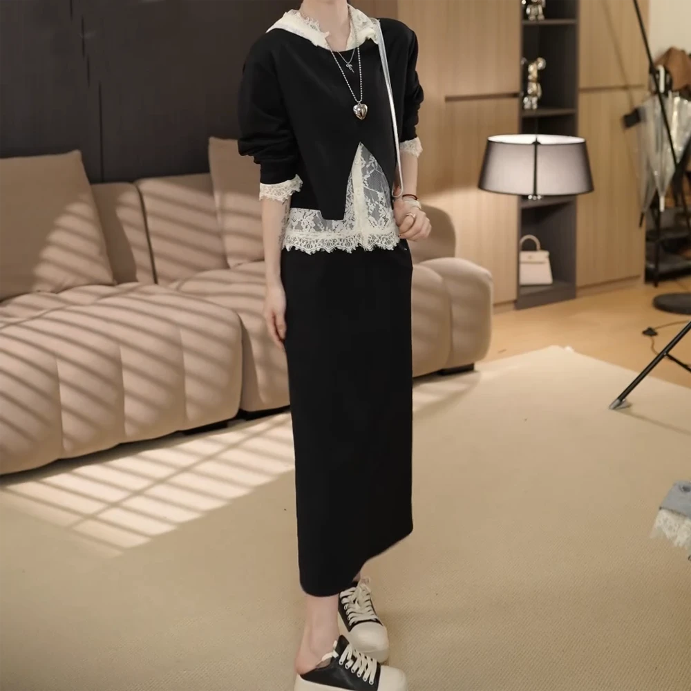 2025春季新款韩系慵懒通勤蕾丝连帽后背开叉减龄套装裙子三件套