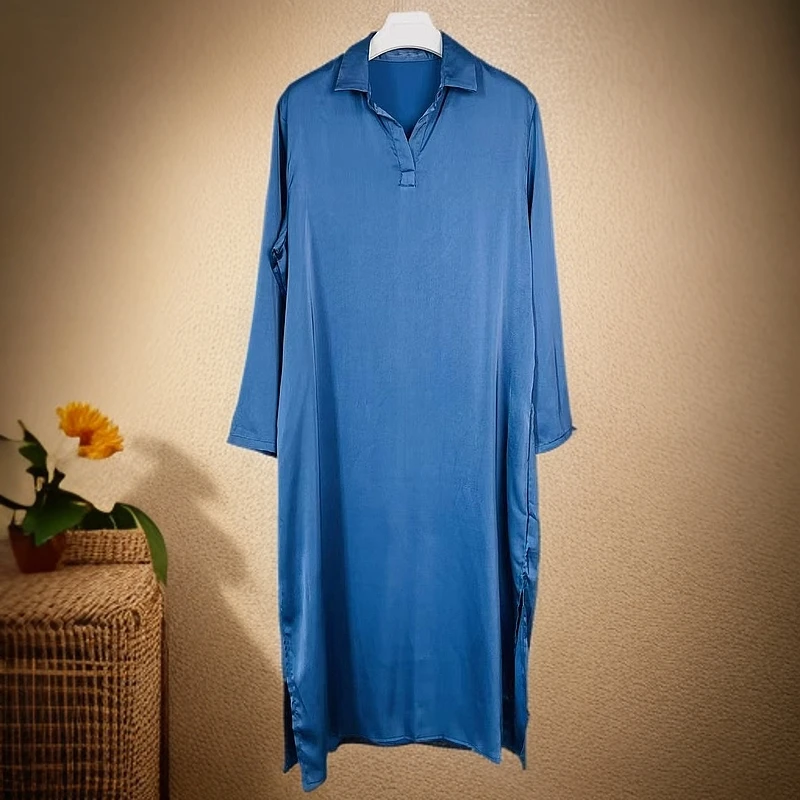 9088蓝色气质款长裙夏季休闲时尚中长款连衣裙宽松长袖