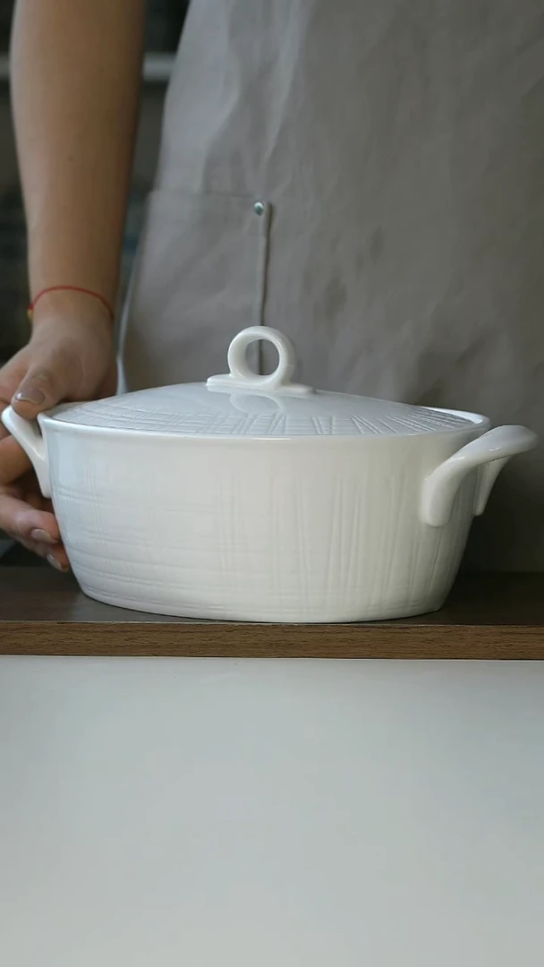 微瑕浮雕格纹双耳烤碗26cm/1400ml@4-2@