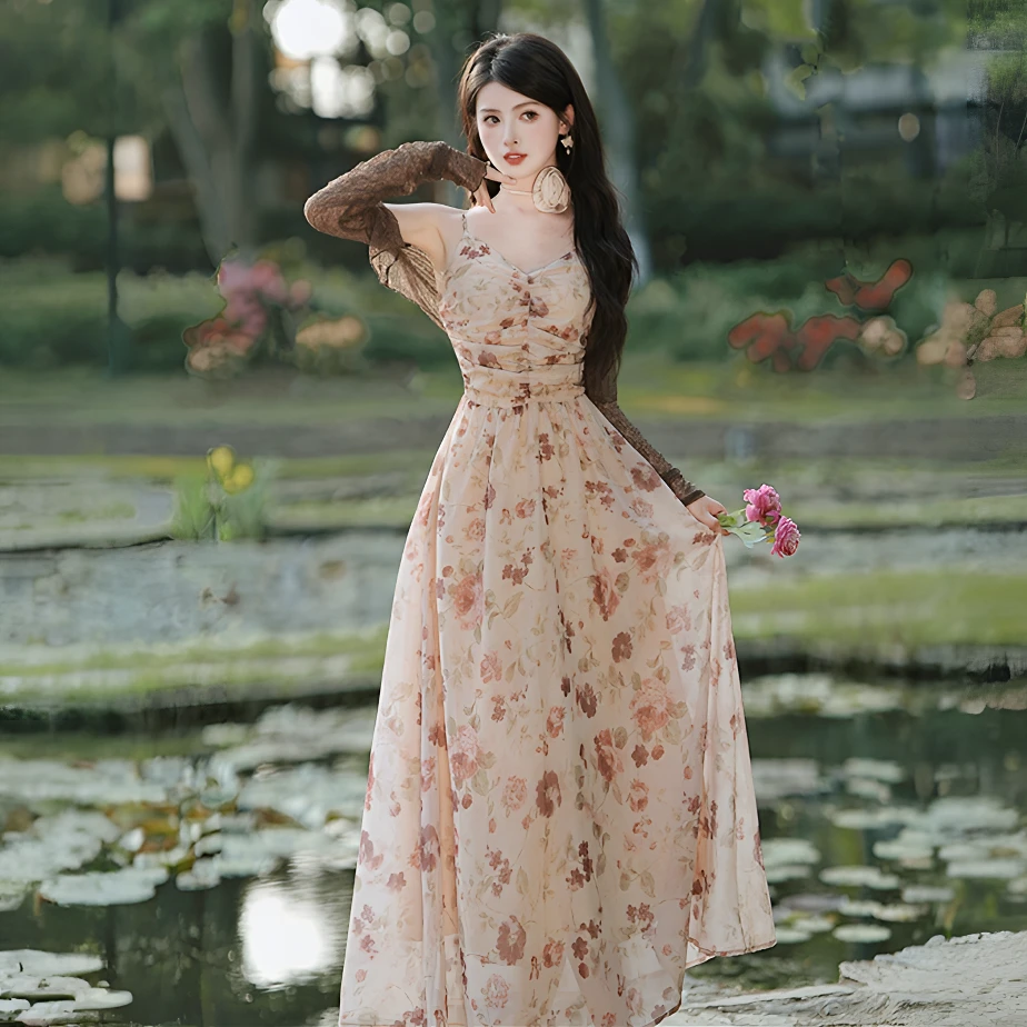 法式设计感碎花雪纺吊带连衣裙修身显瘦油画感温柔气质长裙子8816