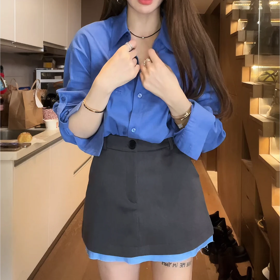 【草原娜日太】2025海蓝色扣子衬衫+灰色蓝边西装半裙套装LK2505509