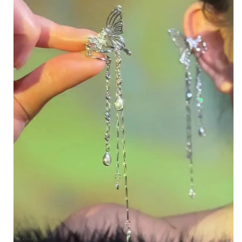 铜合金耳饰 迷蝶旧梦~蝴蝶流苏耳夹无耳洞耳环气质显脸小耳饰轻奢