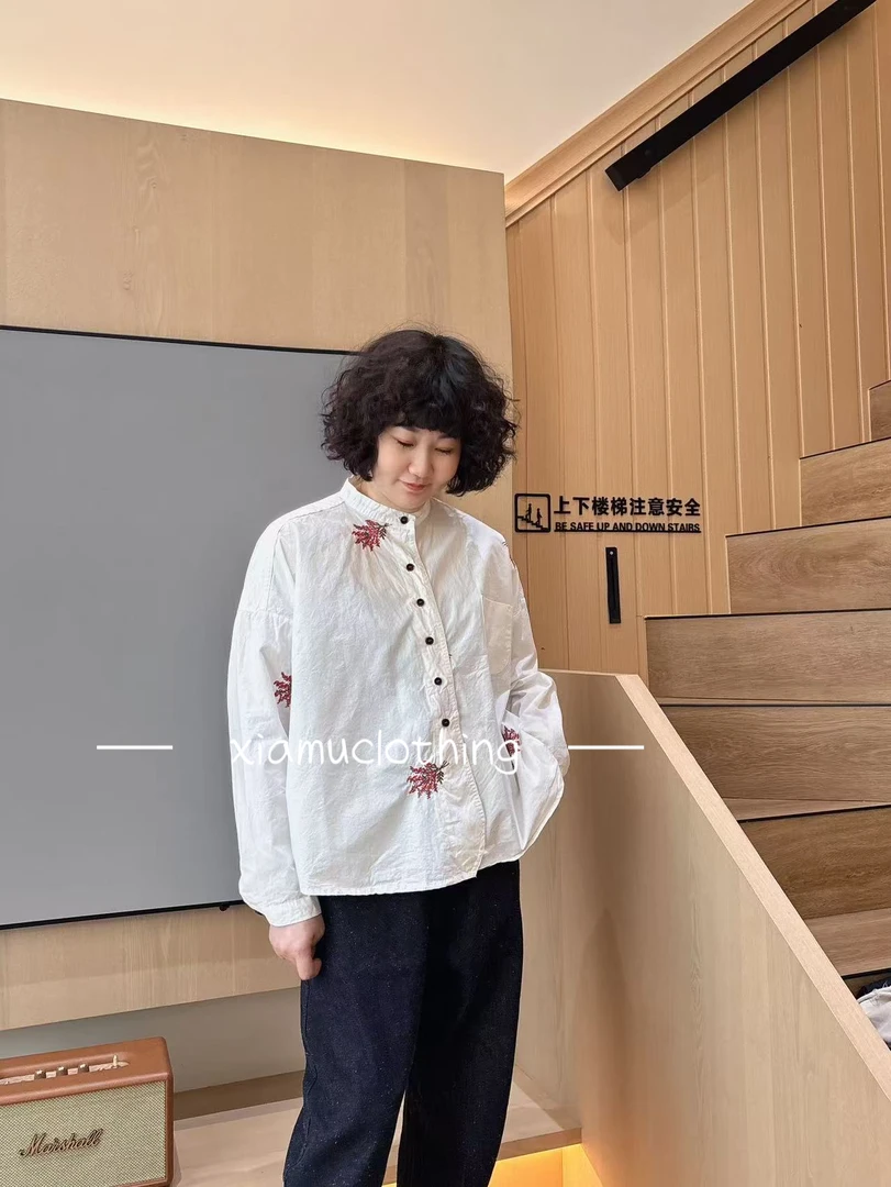夏沐家春款立领刺绣百搭休闲衬衣9983