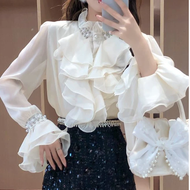 2025春季时尚潮流精致计感荷叶边法式泡泡袖衬衫 衣长61 S9022