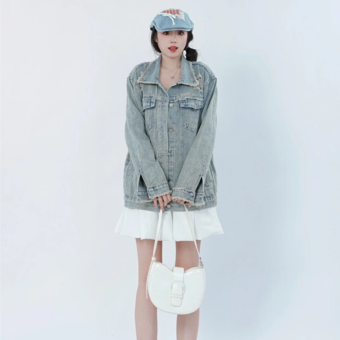 三福【商场同款】美式复古高街设计感潮流时尚休闲牛仔外套500336