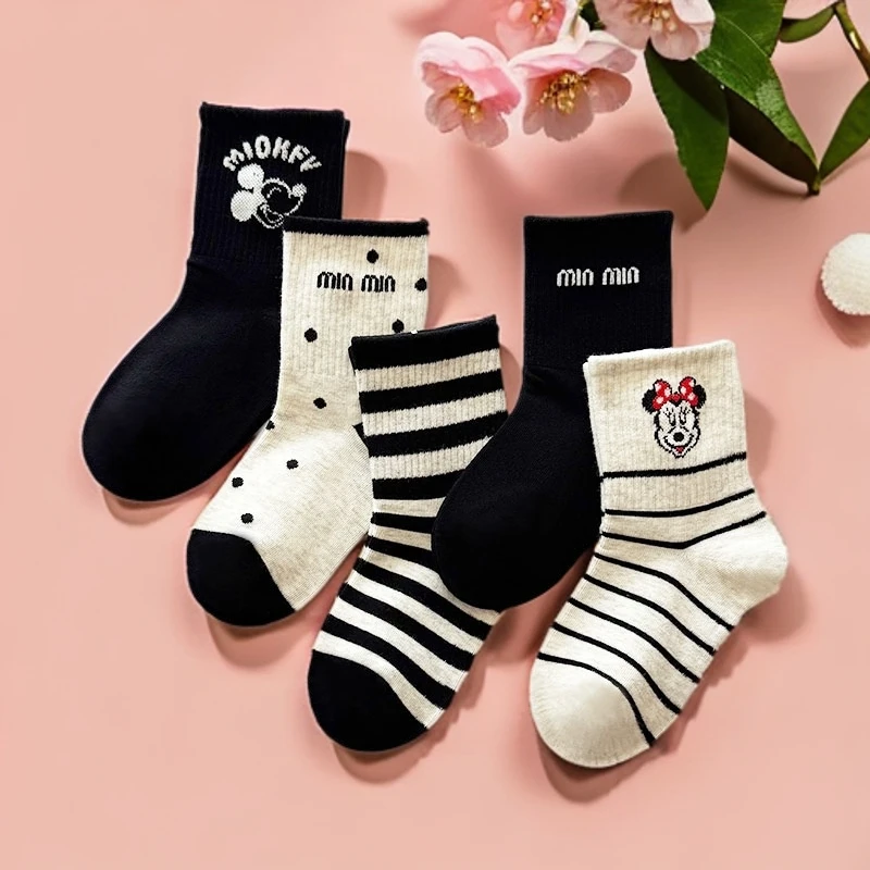 爱嘀嗒儿童袜子秋冬款高腰甜美卡通米妮女童精梳棉透气中长筒袜子