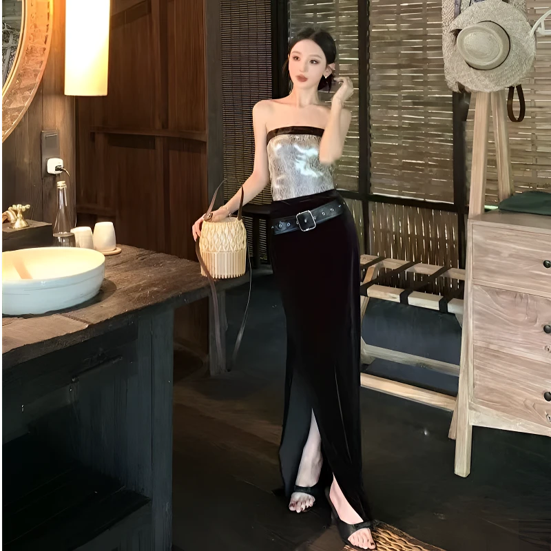 时尚复古气质性感辣妹抹胸上衣半身裙套装