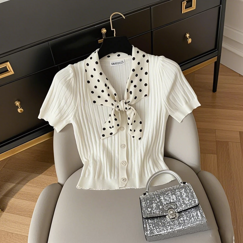 韩版波点蝴蝶结领带短袖t恤女夏季2025年新款设计感修身显瘦上衣