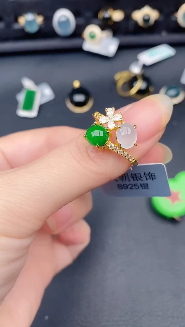 银S925镶嵌戒指翡翠天然a货翡翠502