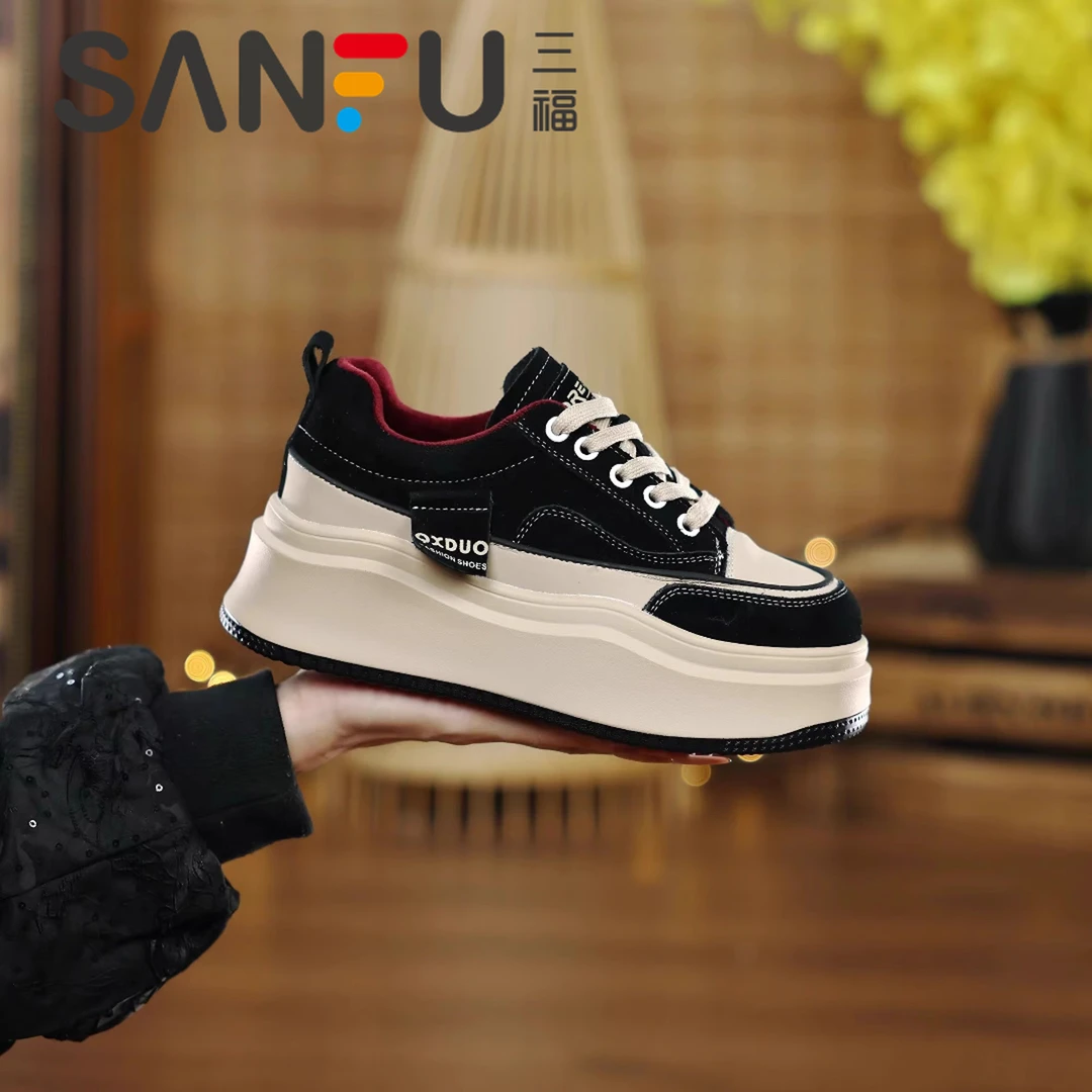 三福百搭厚底女鞋2025秋冬季新款小个子松糕小白鞋爆款休闲板鞋